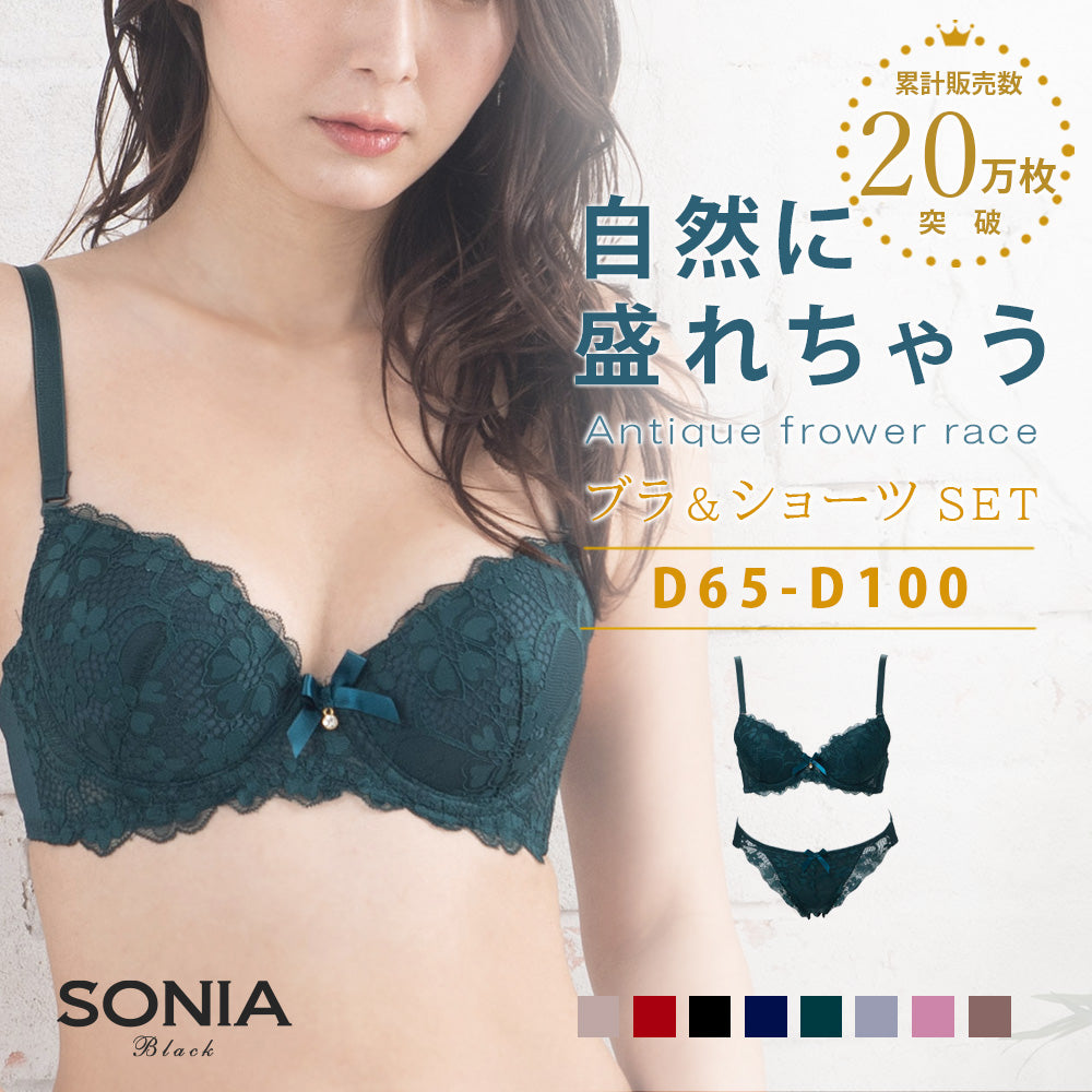 ソニアブラック アンティークフラワーレース ワイヤーブラジャー&ショーツセット(Dカップ)