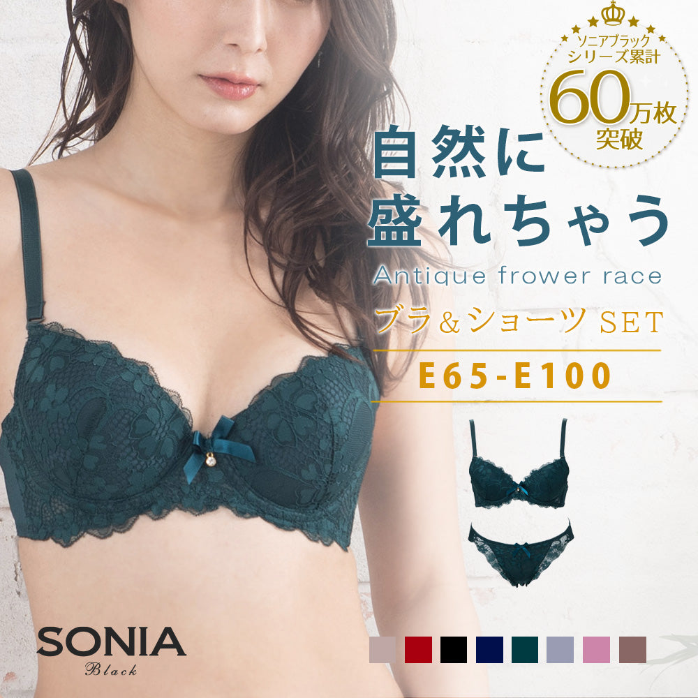 ソニアブラック アンティークフラワーレース ワイヤーブラジャー&ショーツセット(Eカップ)