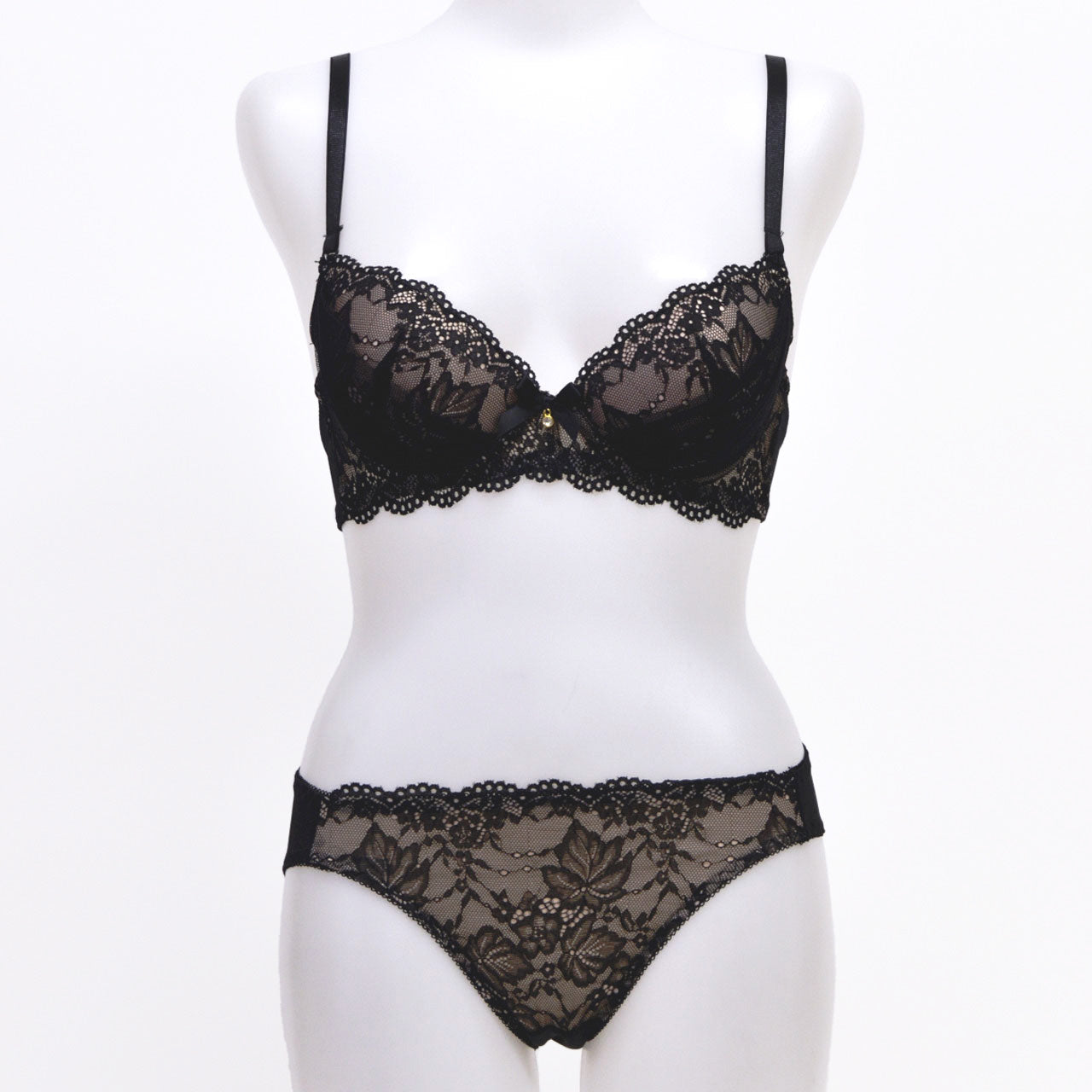 シアーレース ワイヤーブラジャー&ショーツセット ソニアブラック(Fカップ)