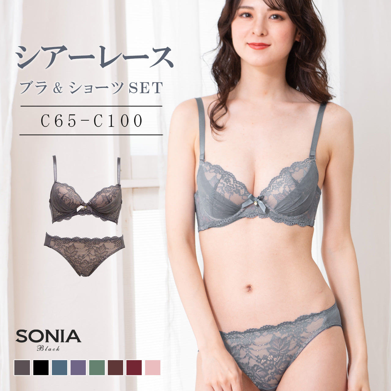 シアーレース ワイヤーブラジャー&ショーツセット ソニアブラック(Cカップ)