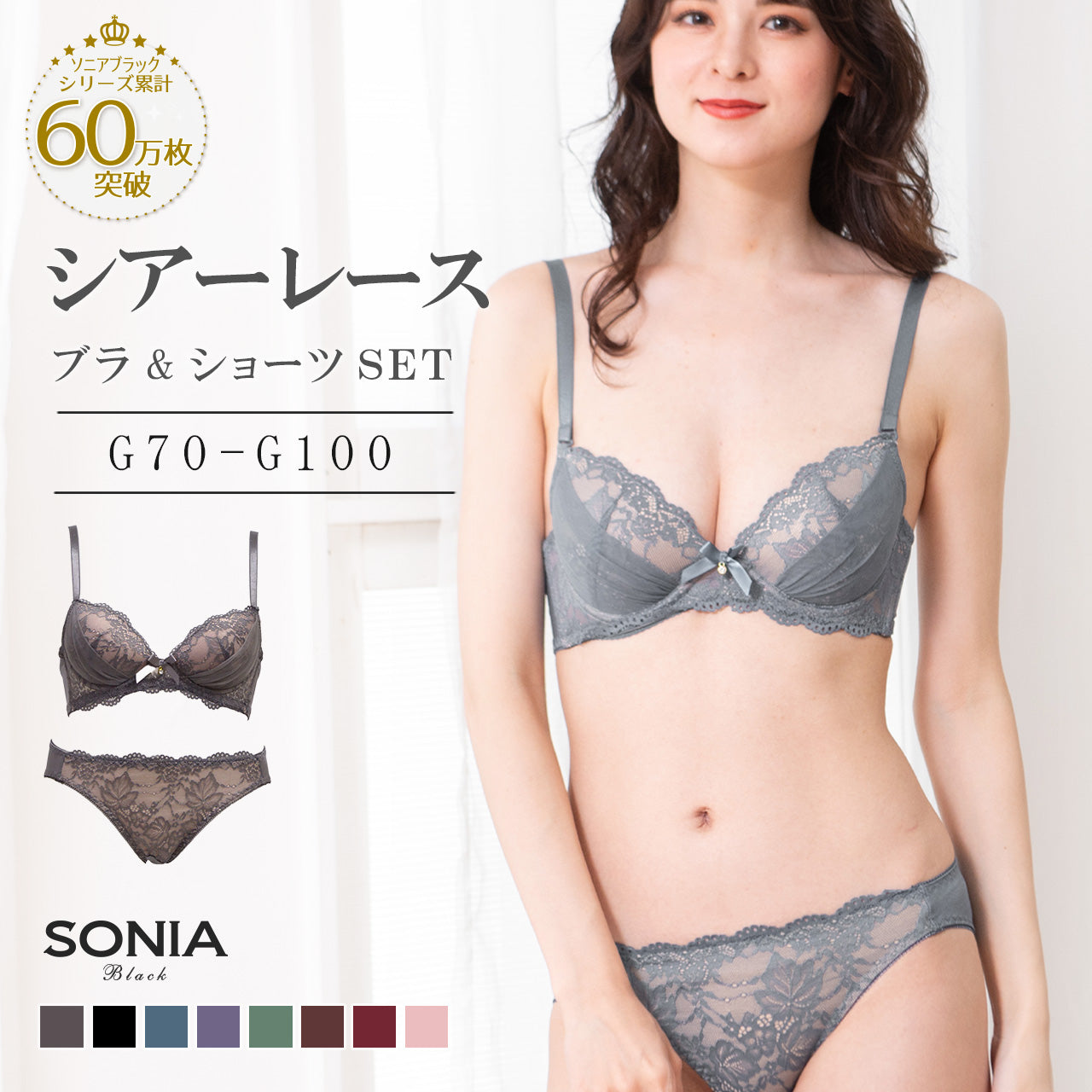 シアーレース ワイヤーブラジャー&ショーツセット ソニアブラック(Gカップ)