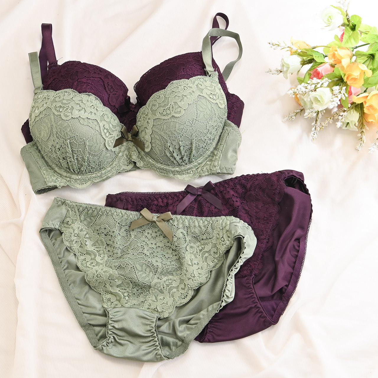 スカラップフラワーレース　ノンワイヤーブラジャー＆ショーツセット（S・M・L・LL・3L・4L・5L）　ソニアブラック