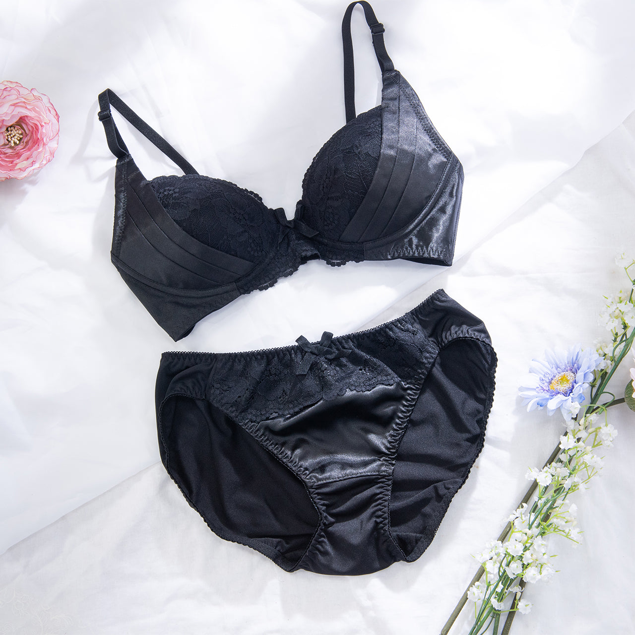 ミア　ノンワイヤーブラジャー＆ショーツセット　ソニアブラック（S・M・L・LL・3L・4L・5L）