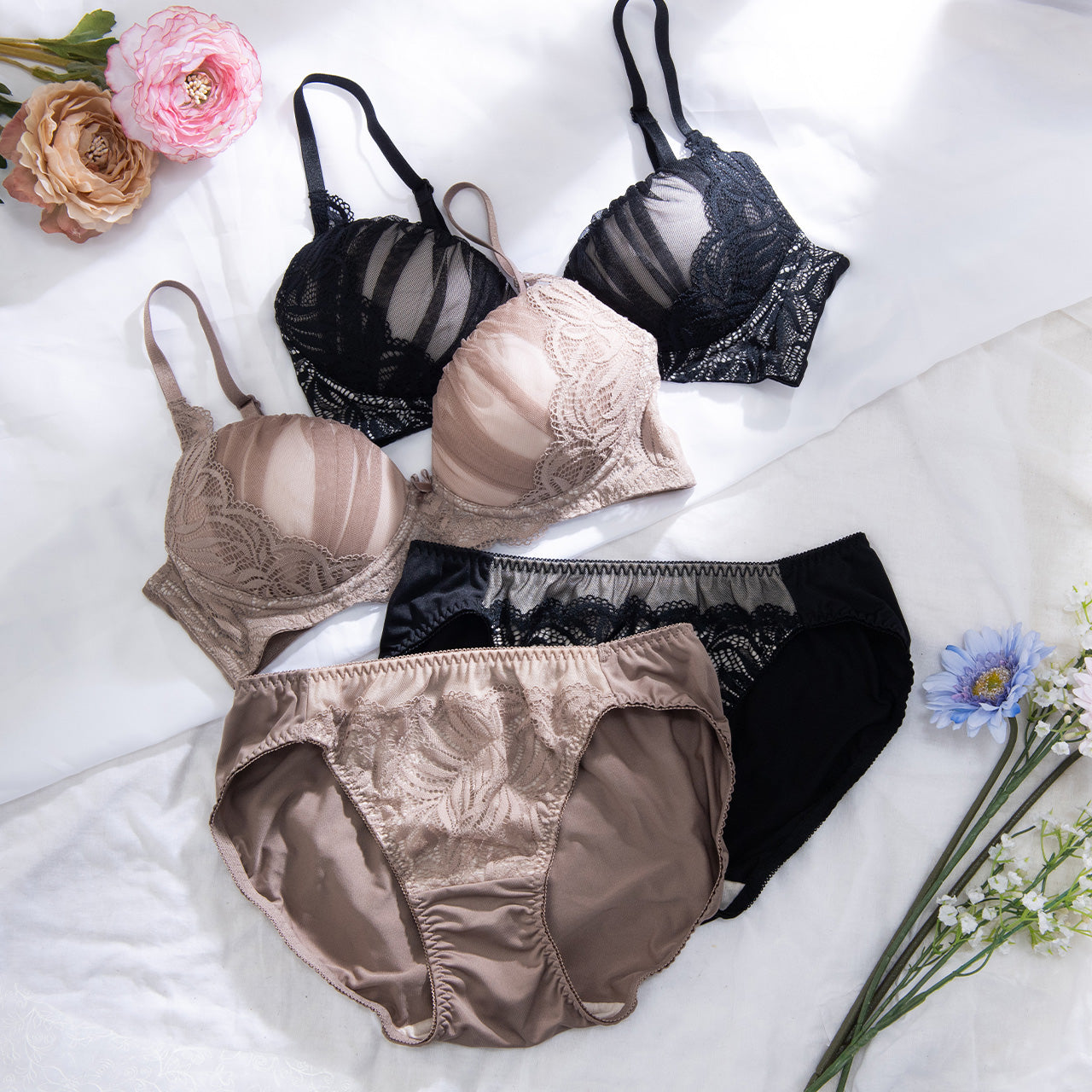 アメリア　ノンワイヤーブラジャー＆ショーツセット　ソニアブラック（S・M・L・LL・3L・4L・5L）